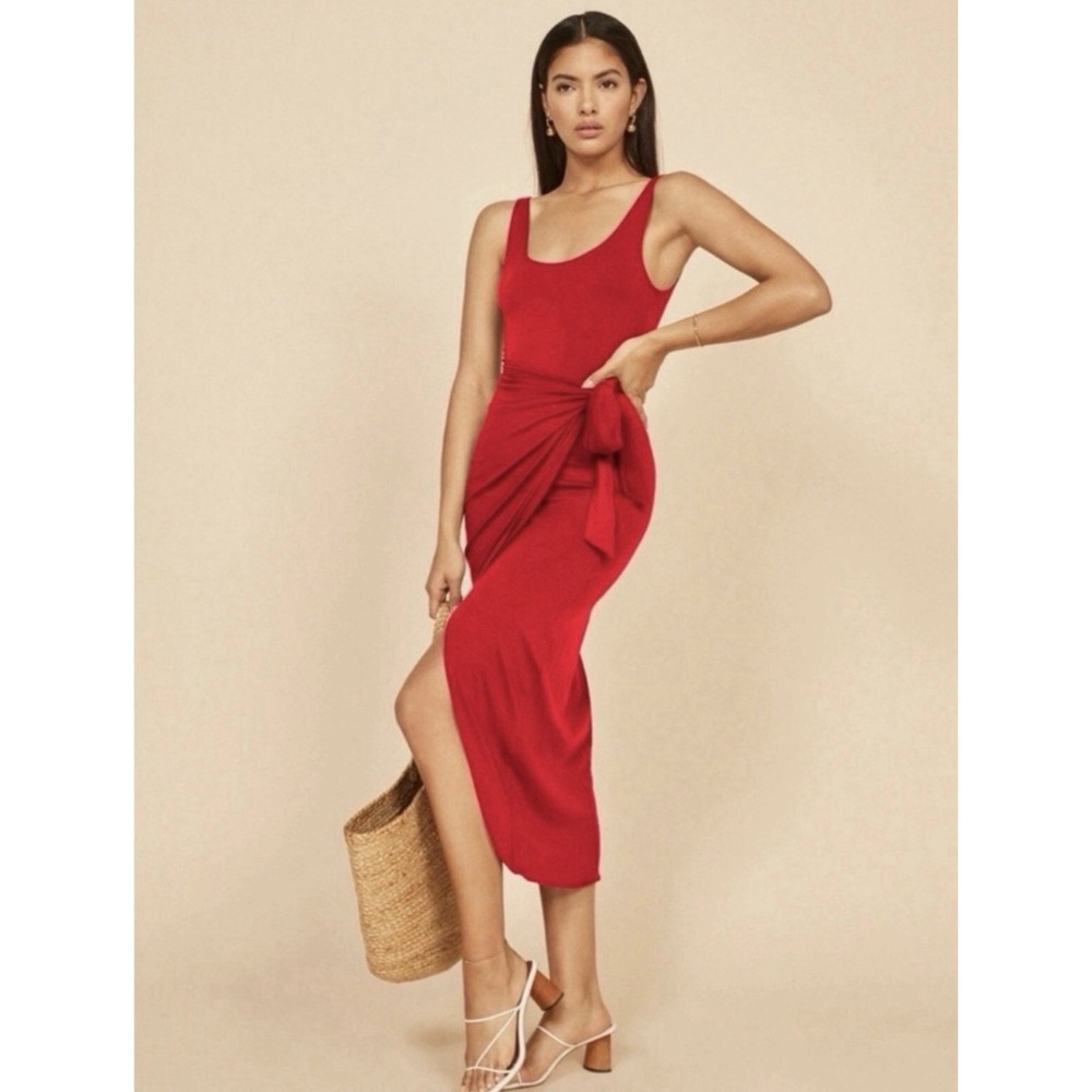 Reformation Kaila Dress Red Tie Waist Draped Midi Side Slit XS